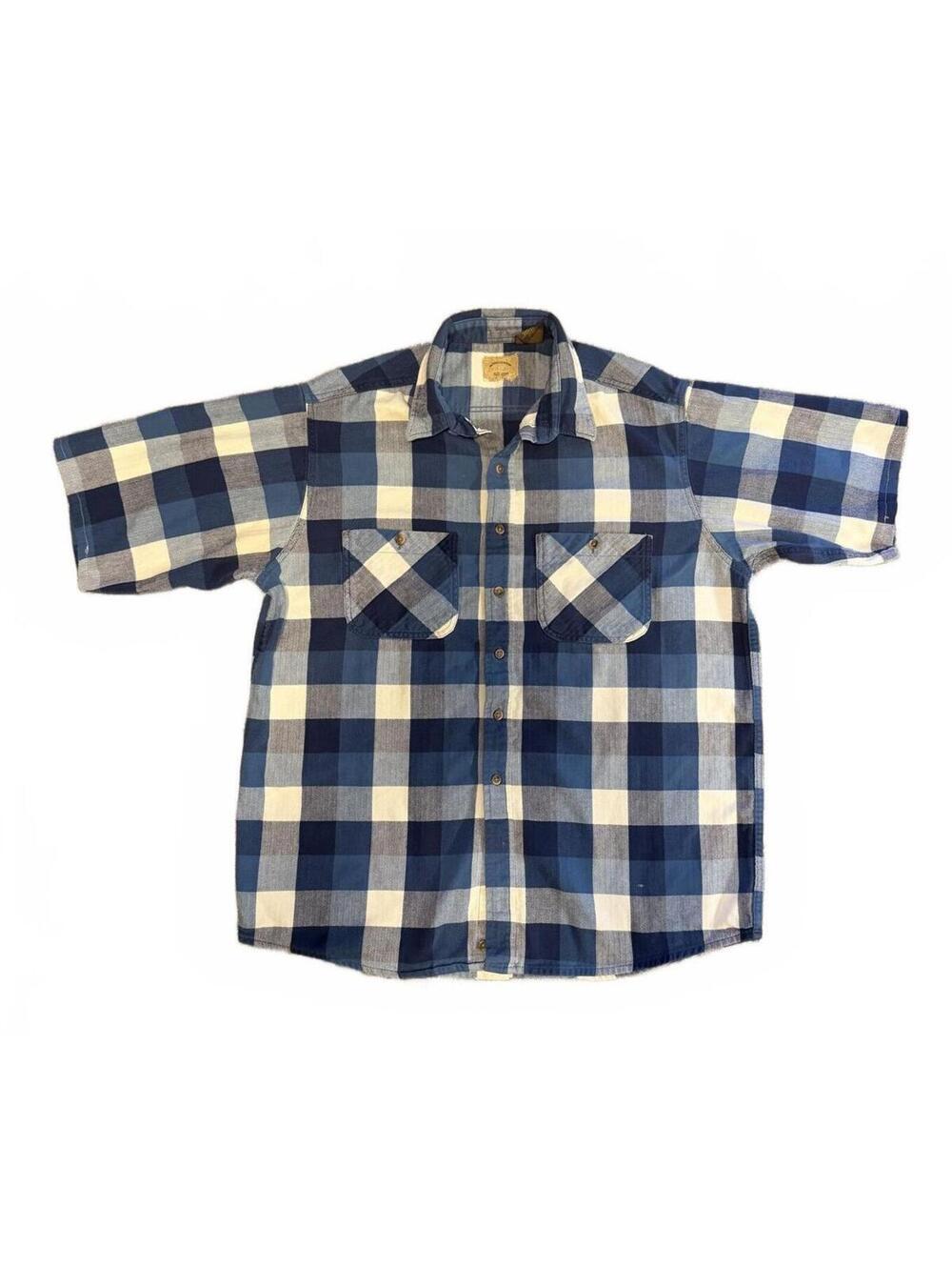 TOP Men's Short Sleeve Blue and White Plaid Button-Up Shirt XL Tall